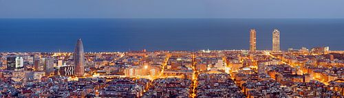 Panorama de la silhouette de Barcelone à l'heure bleue
