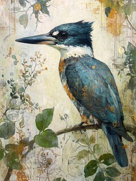 Steampunk ijsvogel op tak in artistieke stijl