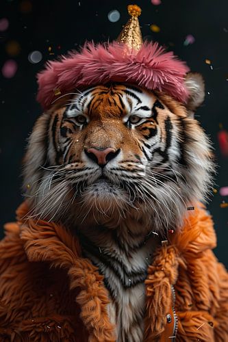 Drôle de tigre fête son anniversaire avec un gâteau et un chapeau de fête