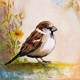 Spatz mit Blumen von Greta Lipman