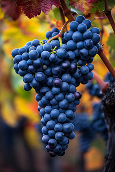 Blaue Trauben am Weinstock im Herbstlicht