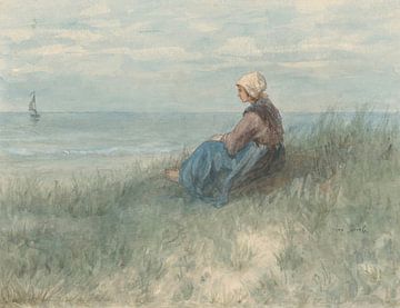 A woman sits on a dune looking out to sea, Jozef Israëls