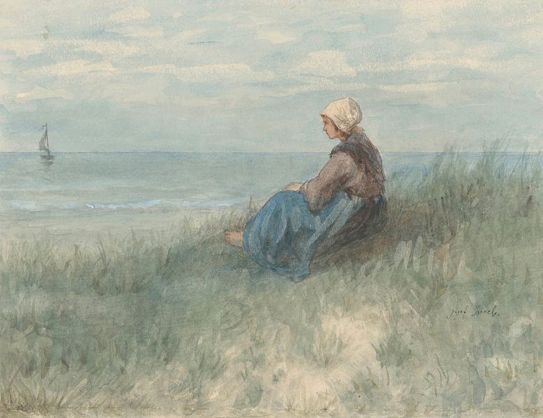 Een vrouw zit op een duin en kijkt uit over zee, Jozef Israëls van Meesterlijcke Meesters