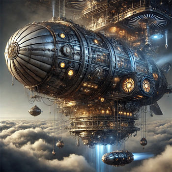 Majestic steampunk airship above the clouds