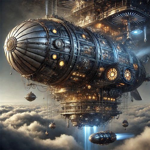 Majestueus steampunk luchtschip boven de wolken