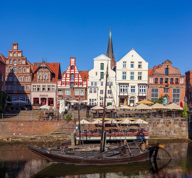 Historische huisgevels Am Stintmarkt, rivier Ilmenau, oude binnenstad, Lüneburg, Nedersaksen, Duitsl van Torsten Krüger