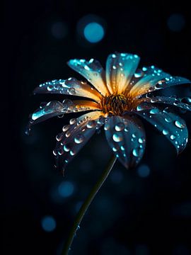 Blauwe bloem met regendruppels van haroulita