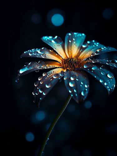 Fleur bleue avec gouttes de pluie