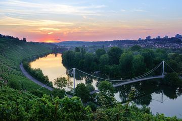Bridge over the Necker in Stuttgart at the Max-Eyth-See with vineyards at sunrise