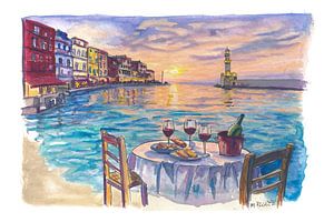 Romantisches Abendessen im venezianischen Hafen von Chania mit Sonnenuntergang am Leuchtturm