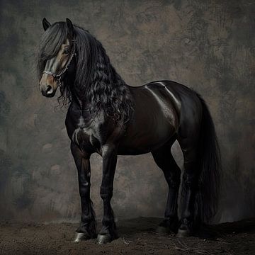 Zwart Fries paard volledig portret van Vlindertuin Art