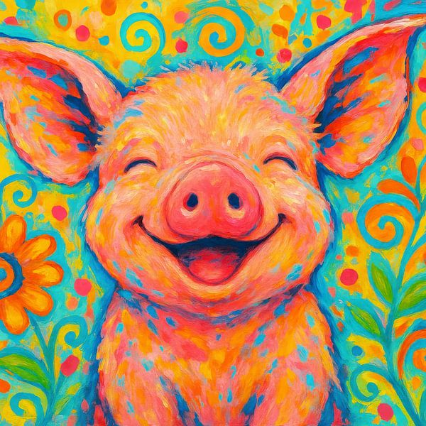 Painting of a Smiling Pig with Floral Background by Markus Gann