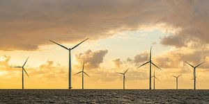 Windturbinen in einem Offshore-Windpark bei Sonnenuntergang