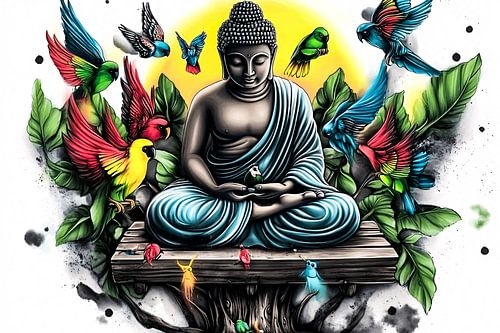 Kleurrijke Boeddha en vogels