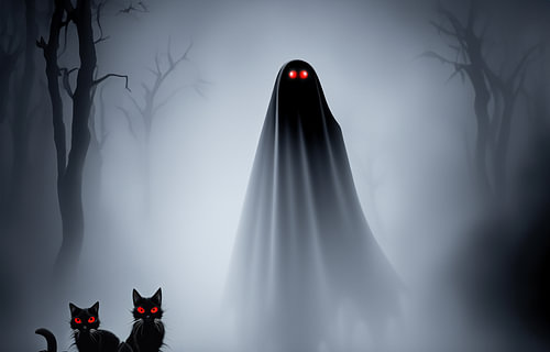 Ein Geist und Katzen mit roten Augen in einem nebligen Wald