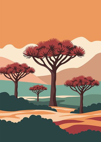 Minimalistische, platte vectorillustratie van drakenbloedbomen in een savannelandschap onder een oranje lucht.