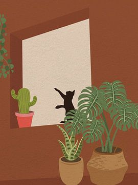 Minimal art van een kat met een plant in een kamer van RickyAP