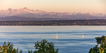 Boten bij Meersburg aan het Bodenmeer in het avondlicht van Werner Dieterich