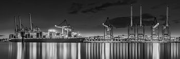 Hamburger Hafen mit Containerterminal in schwarzweiss.