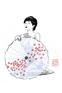 nude geisha behind umbrella by Péchane Sumie