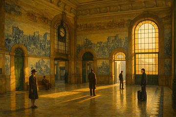 São Bento Grand Hall: Departure Time in Azulejo Gold by Travel Shop