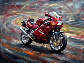 Eine kirschrote Ducati 851 in Bewegung von Jan Keteleer