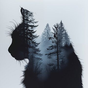 Katze und nebliger Wald (Doppelbelichtung) von TheXclusive Art