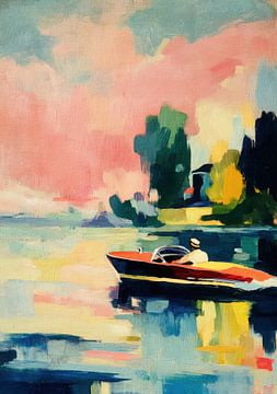 Red motorboat on calm water by Niklas Maximilian