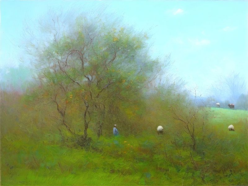 Atmospheric image of sheep and shepherd in Salvador Dali style by Mario Dekker-Janssen