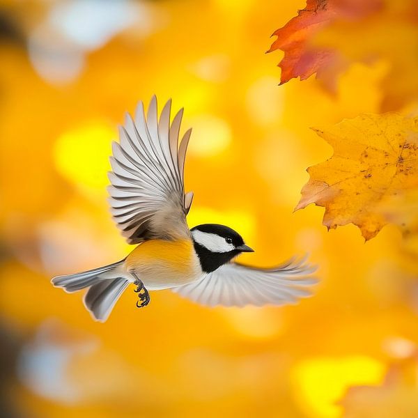 Flying bird in autumn leaves by Poster Art Shop