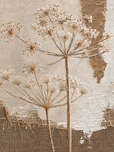 Botanische Fluitenkruid met jute structuur in warme aardetinten