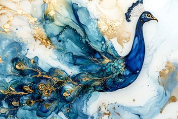 Kunstwerk van een pauw in blauw en goud van Digitale Schilderijen