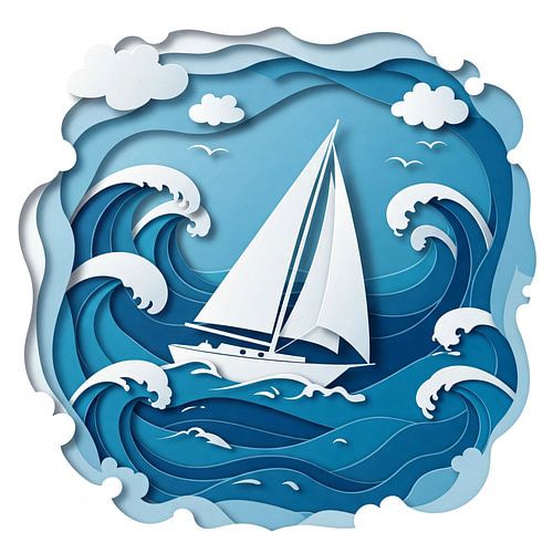 Voilier en mer Océan Vagues Papier découpé Illustration