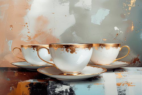 Art culinaire : Raffinement doré : un élégant trio de tasses à thé