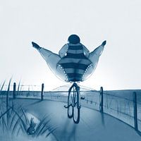 Vet Wuuf op de fiets in de duinen.