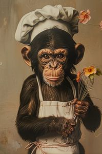 The Thoughtful Chef - Schimpanse mit Schneebesen und Blumen