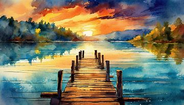 Zonsondergang bij het meer met houten steiger, kunstontwerp van Animaflora PicsStock