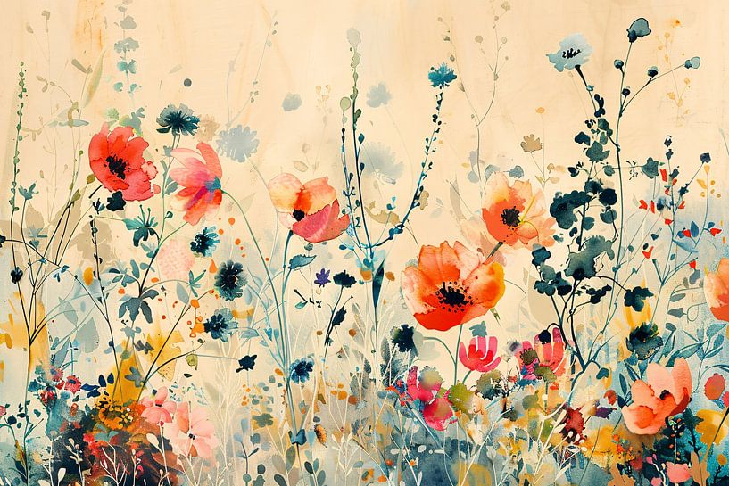 Abstract aquarel schilderij van kleurrijke wilde bloemen van Art & Soul Creations