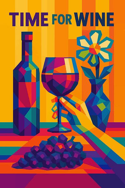 Vin avec bouteille, raisins et peinture de fleurs. par Johannes