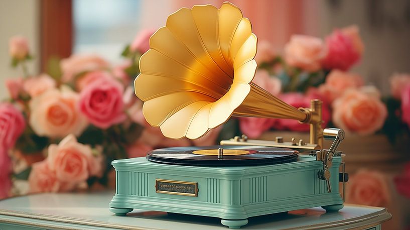 Gramophone rétro rose et jaune de style vintage sur fond de fleurs par Animaflora PicsStock