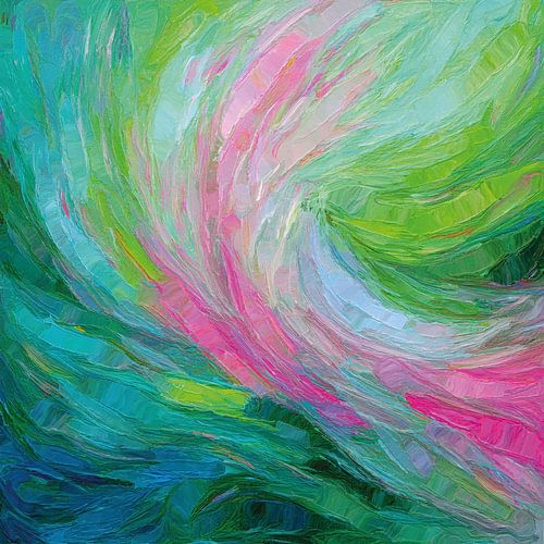 Œuvre abstraite pleine de vie dans des tons de bleu, de vert et de rose