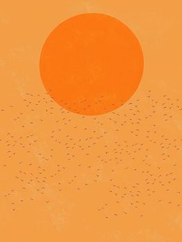 Afrikanische Sonnenuntergangslandschaft mit fliegenden Vögeln am Himmel.