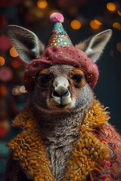 Birthday kangaroo with party hat and disco glasses celebrates by Felix Brönnimann