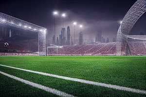 Fußballplatz mit Flutlicht und Skyline Fußballweltmeisterschaft