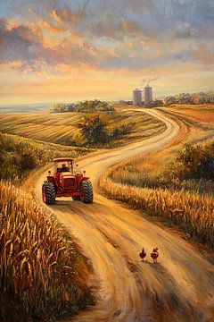 Landschap met tractor en kippen van Poster Art Shop