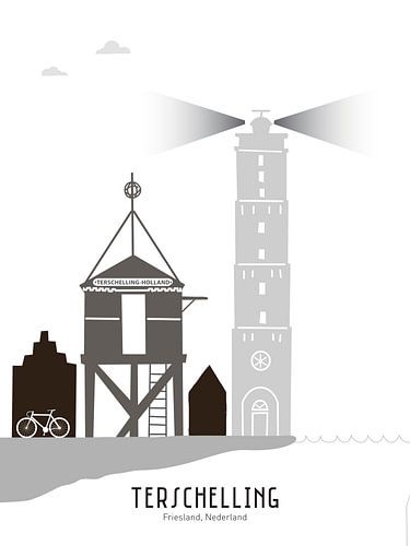 Skyline illustratie waddeneiland Terschelling zwart-wit-grijs