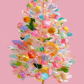 Kleurrijke kerstboom op roze – moderne abstracte feestdecoratie in pastel van But First Framing