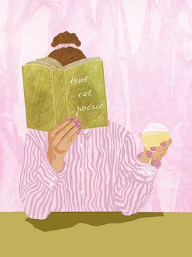 Een vrouw met een goed boek en een glas wijn van Sannel Larson