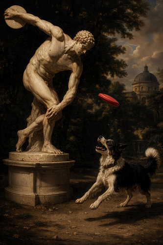 Discobolus and Dog – A Playful Classical Painting