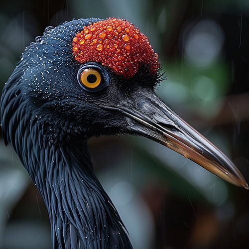 Black Crane Bird Head With Red Crown And Raindrops